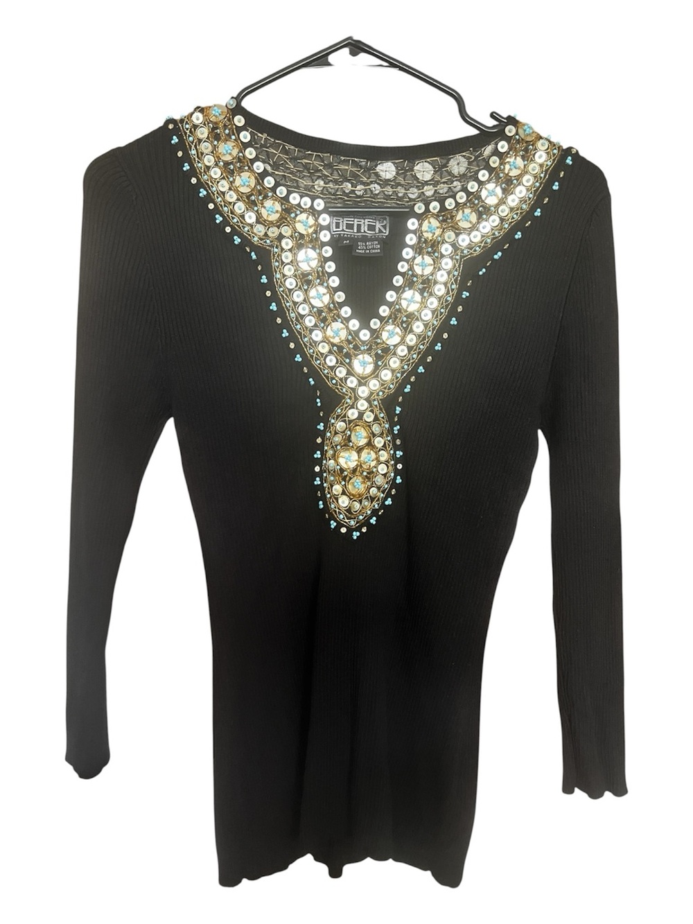VTG Berek by Takano Sakan Beaded V-Neck Ribbed Top Sequin Artsy SZ M Black